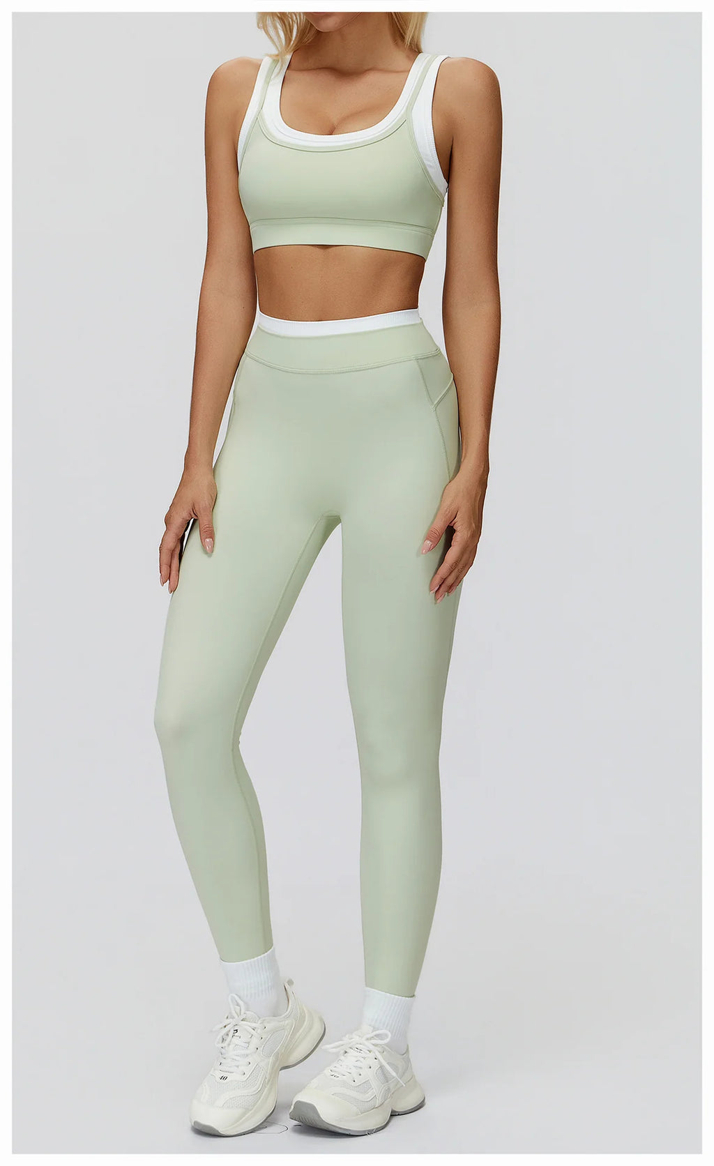Ribbed Contrast Color Fake Two-Piece Leggings for Women