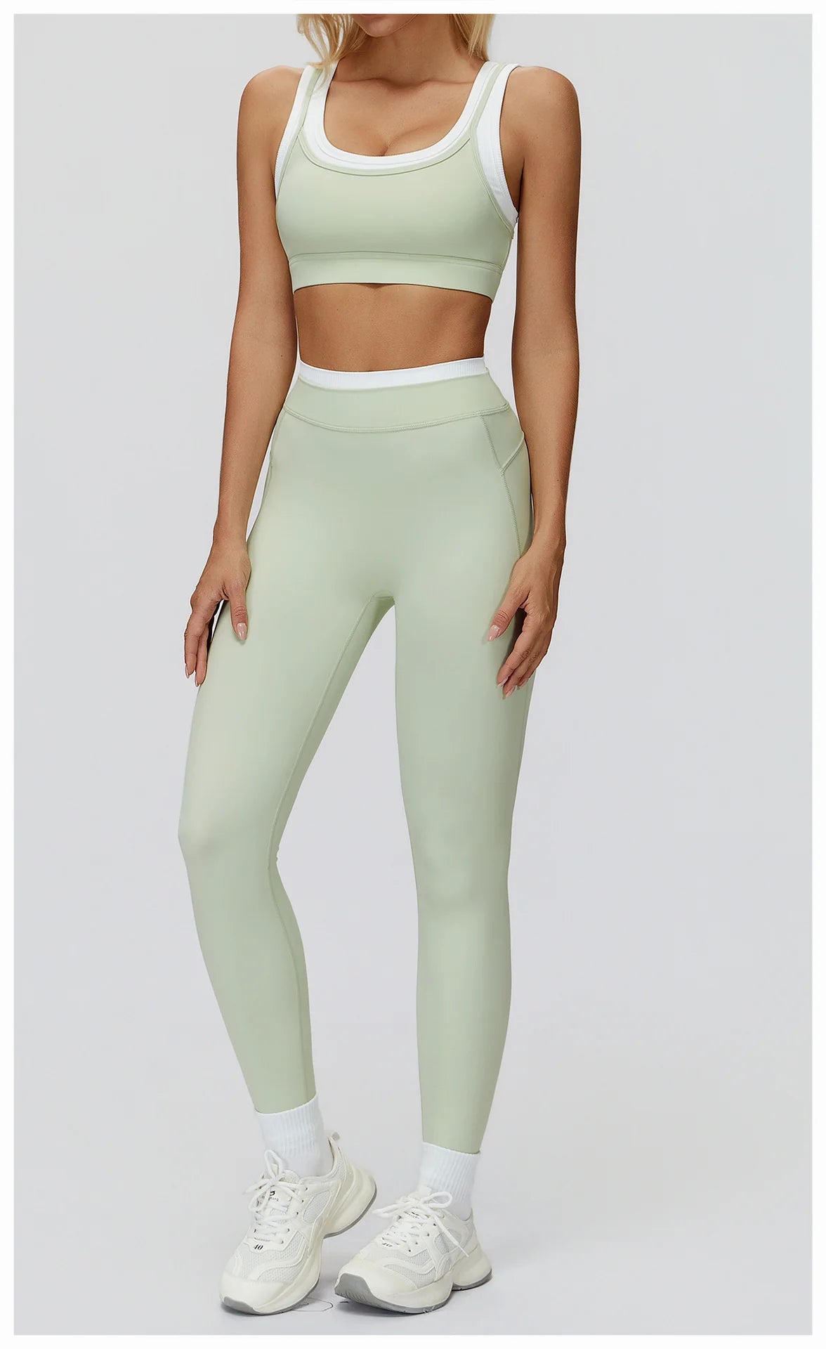 Ribbed Contrast Color Fake Two-Piece Leggings for Women