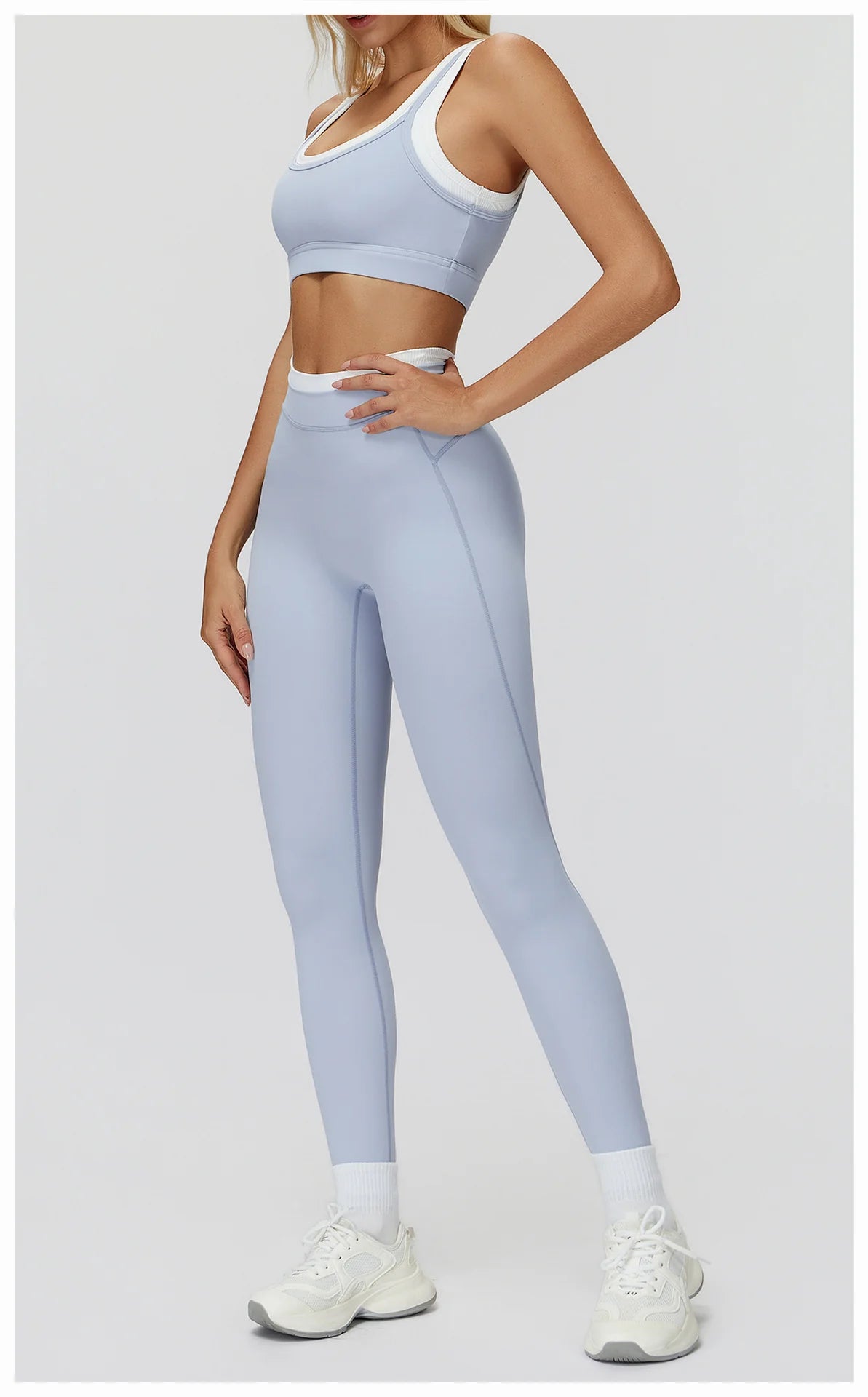 Ribbed Contrast Color Fake Two-Piece Leggings for Women