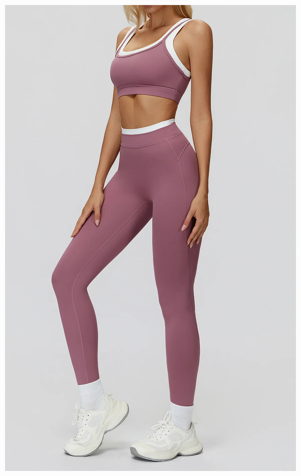 Ribbed Contrast Color Fake Two-Piece Leggings for Women