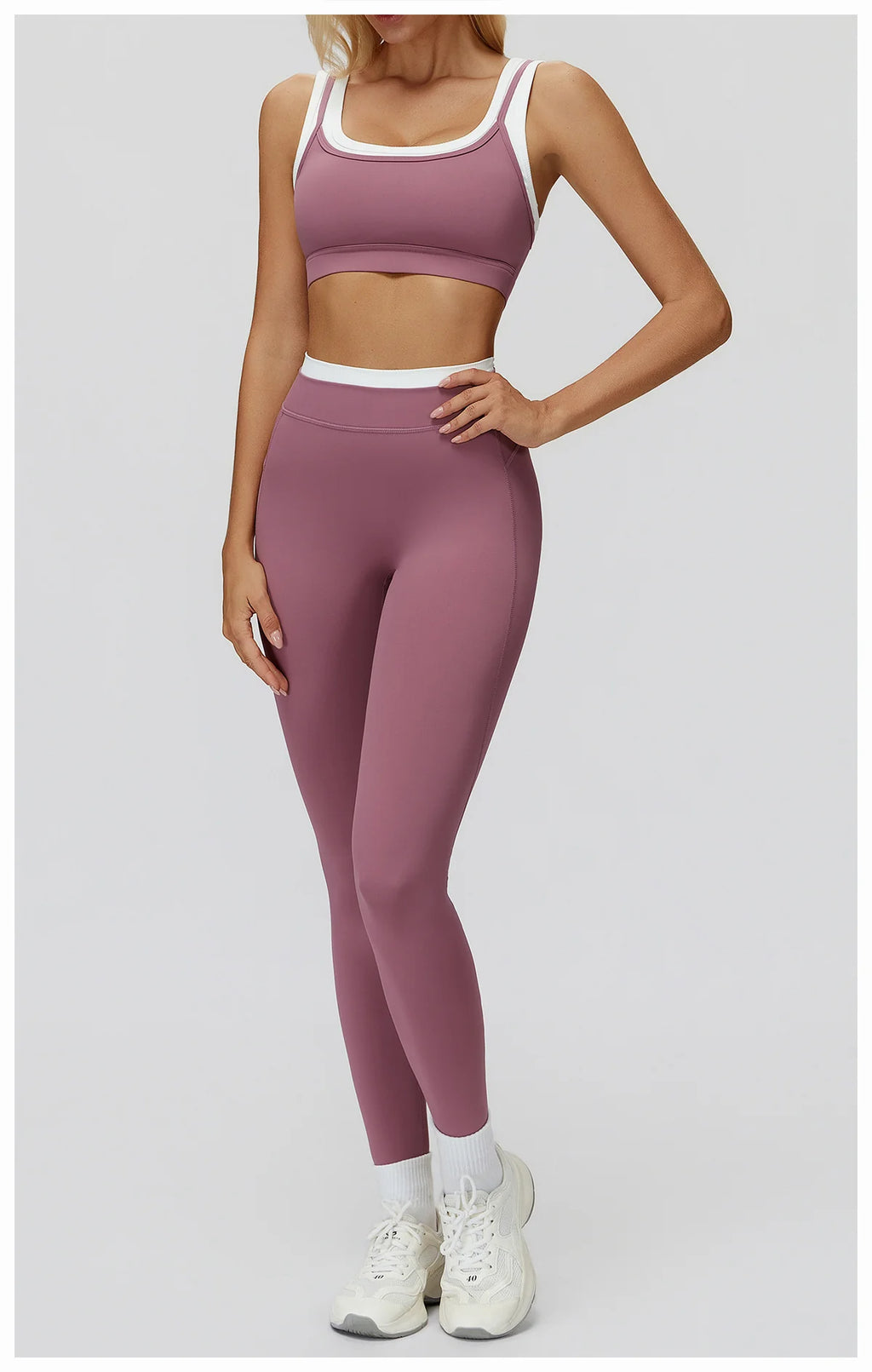 Ribbed Contrast Color Fake Two-Piece Leggings for Women