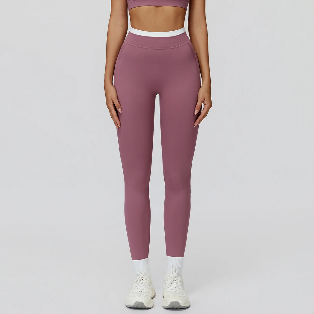 Ribbed Contrast Color Fake Two-Piece Leggings for Women