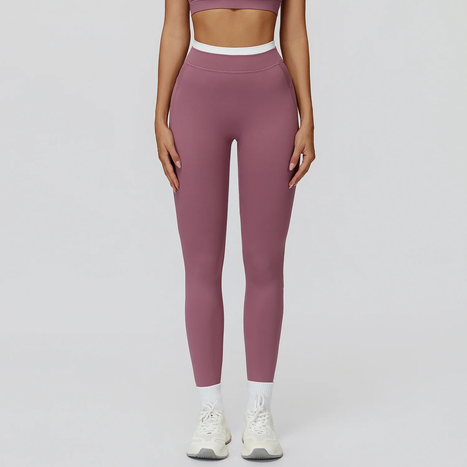 Ribbed Contrast Color Fake Two-Piece Leggings for Women