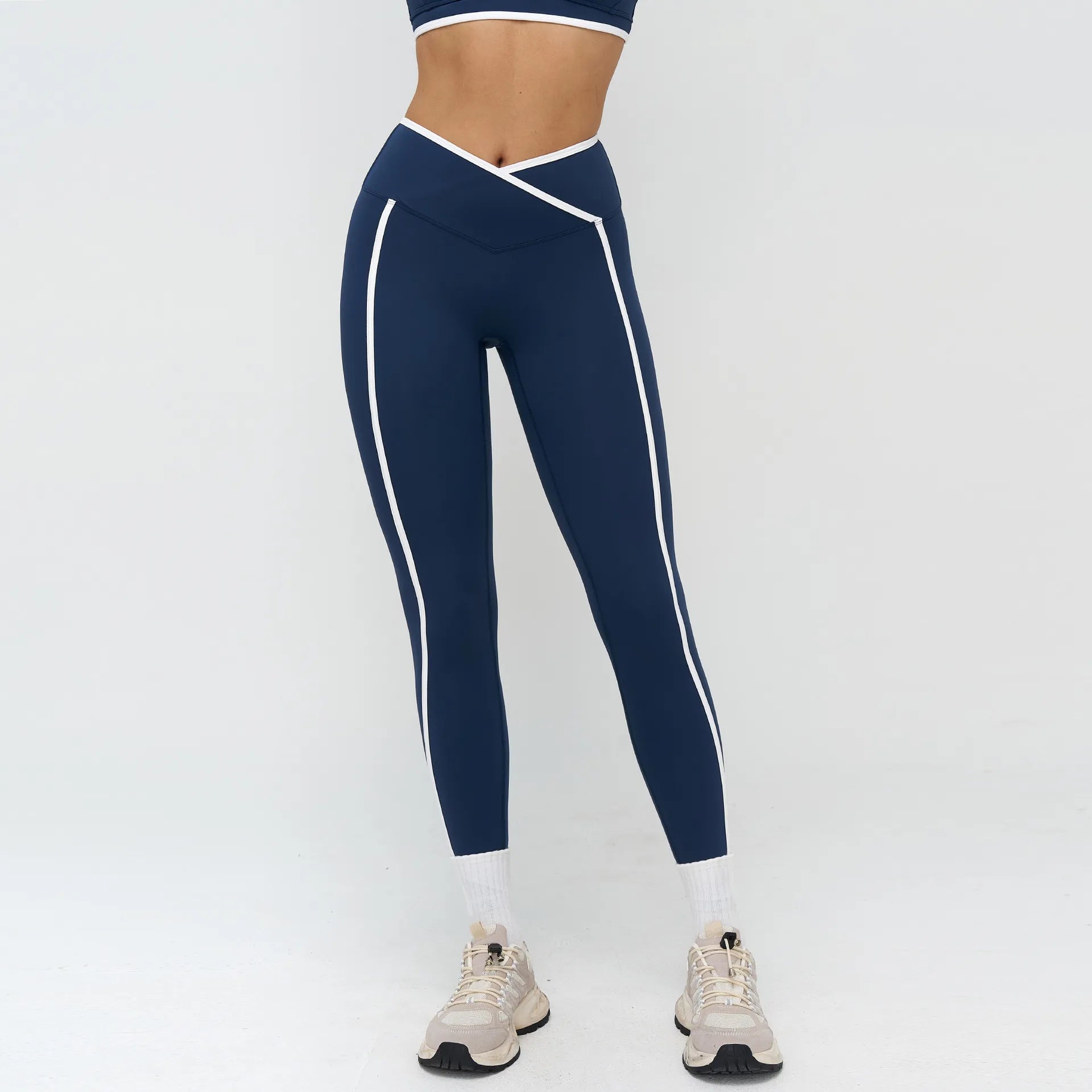 Contrasting Color Cross Waist Yoga Leggings