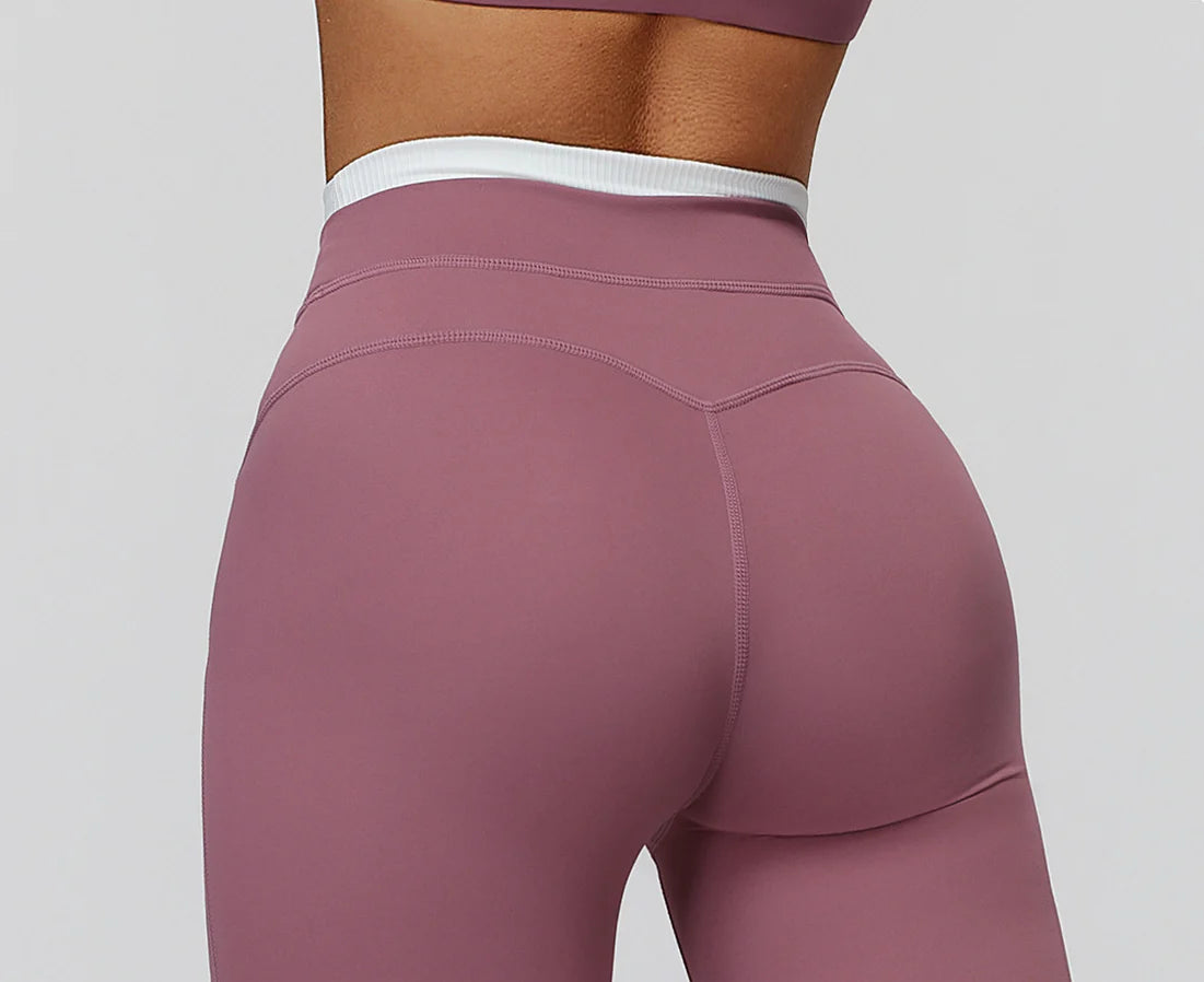 Ribbed Contrast Color Fake Two-Piece Leggings for Women