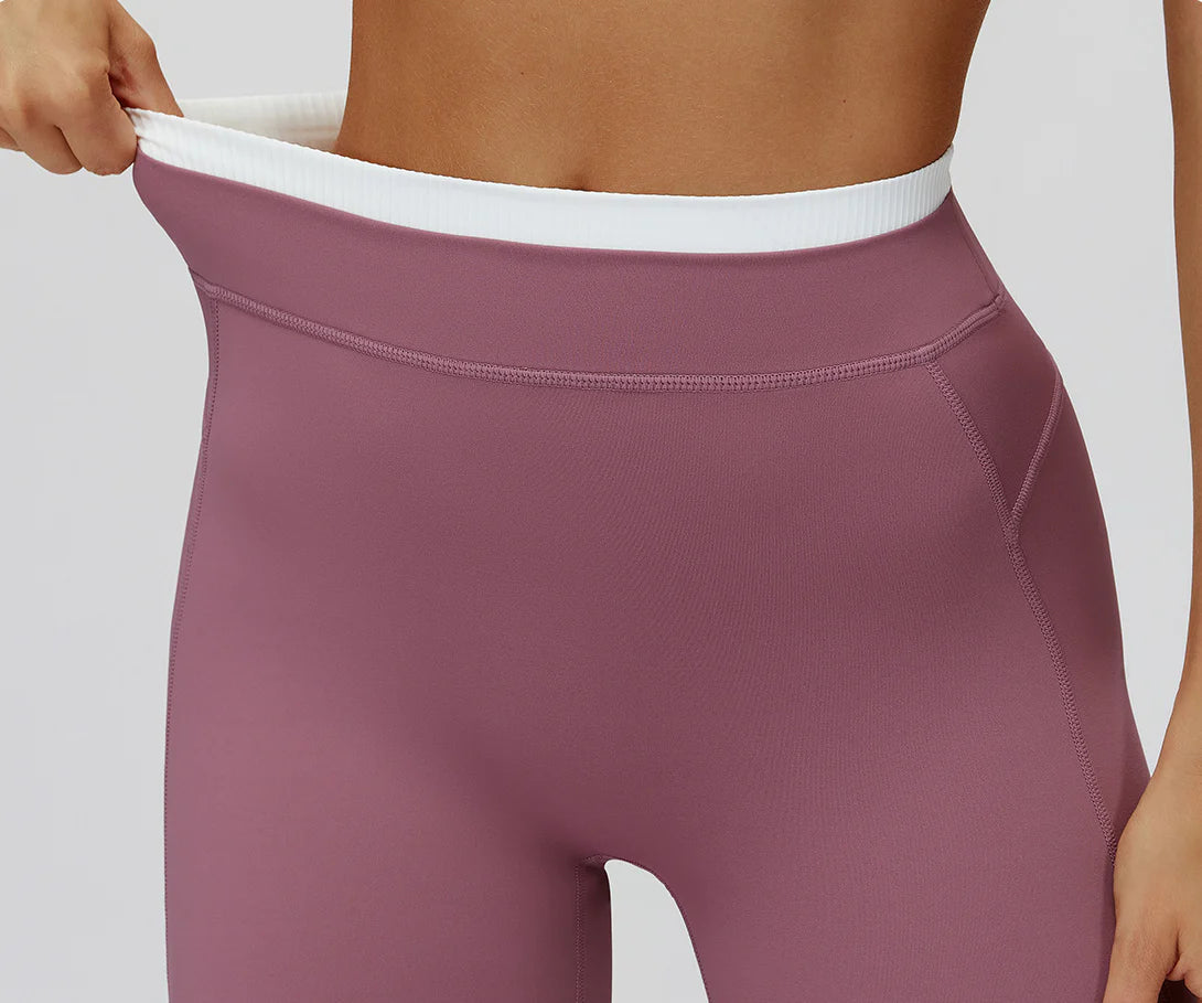 Ribbed Contrast Color Fake Two-Piece Leggings for Women