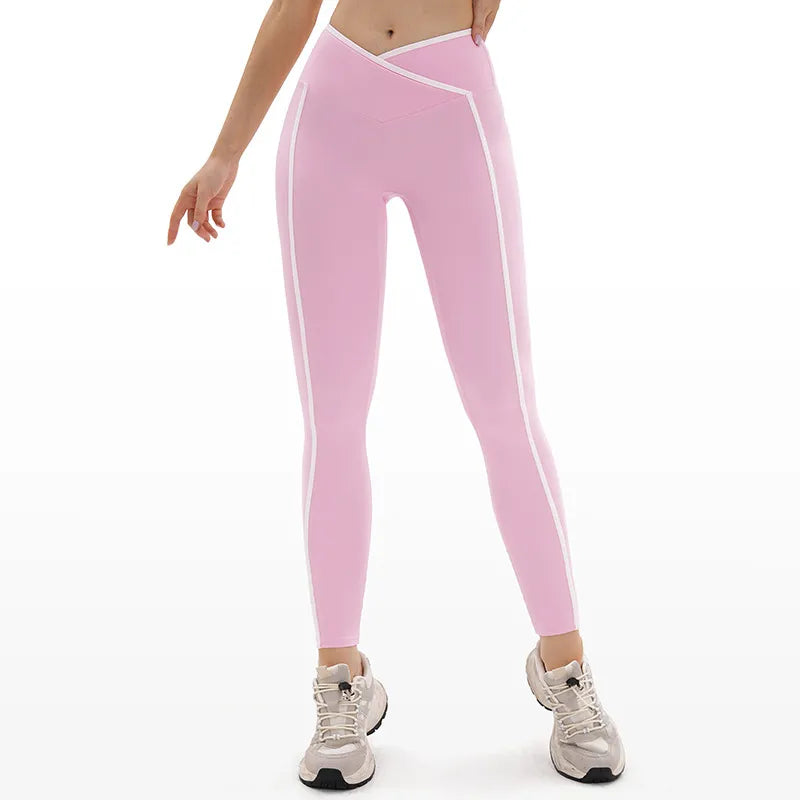 Contrasting Color Cross Waist Yoga Leggings