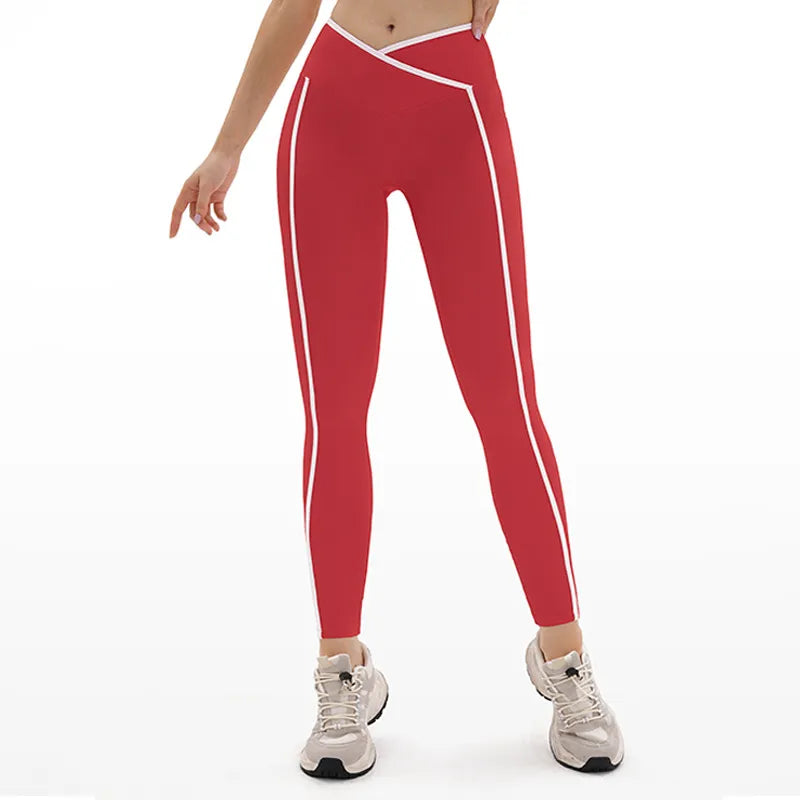 Contrasting Color Cross Waist Yoga Leggings