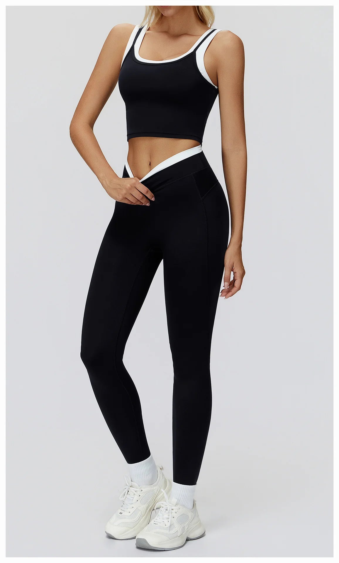 Ribbed Contrast Color Fake Two-Piece Leggings for Women