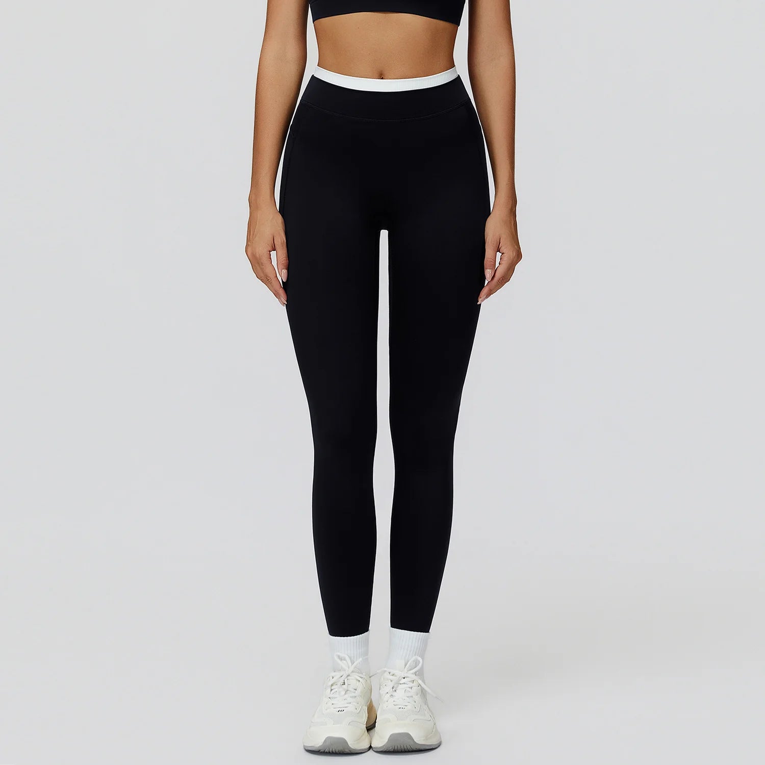 Ribbed Contrast Color Fake Two-Piece Leggings for Women