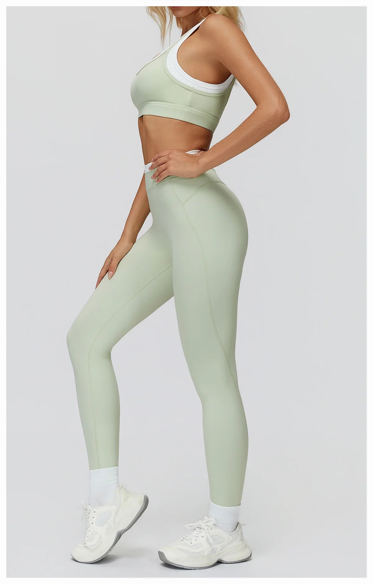 Ribbed Contrast Color Fake Two-Piece Leggings for Women