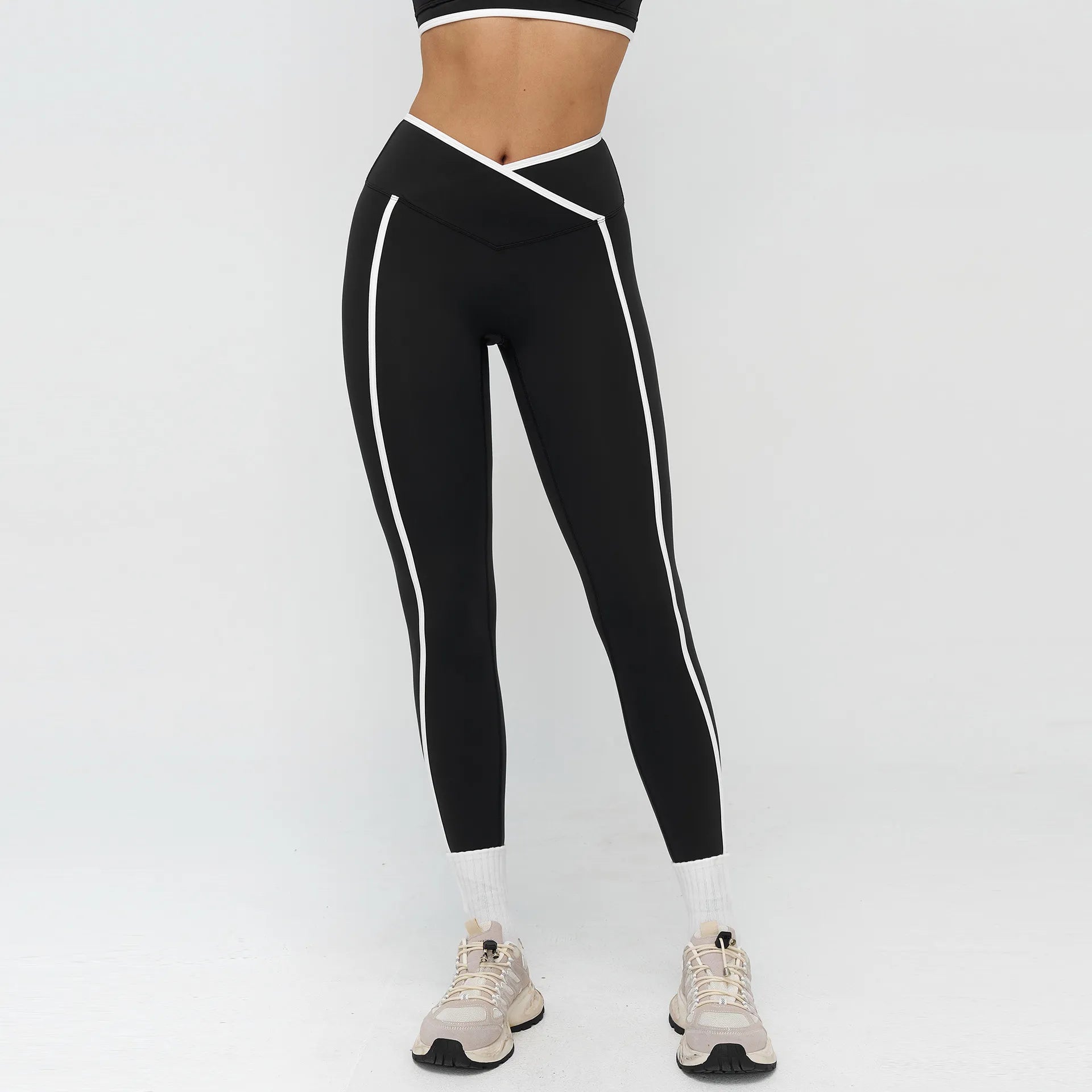Contrasting Color Cross Waist Yoga Leggings